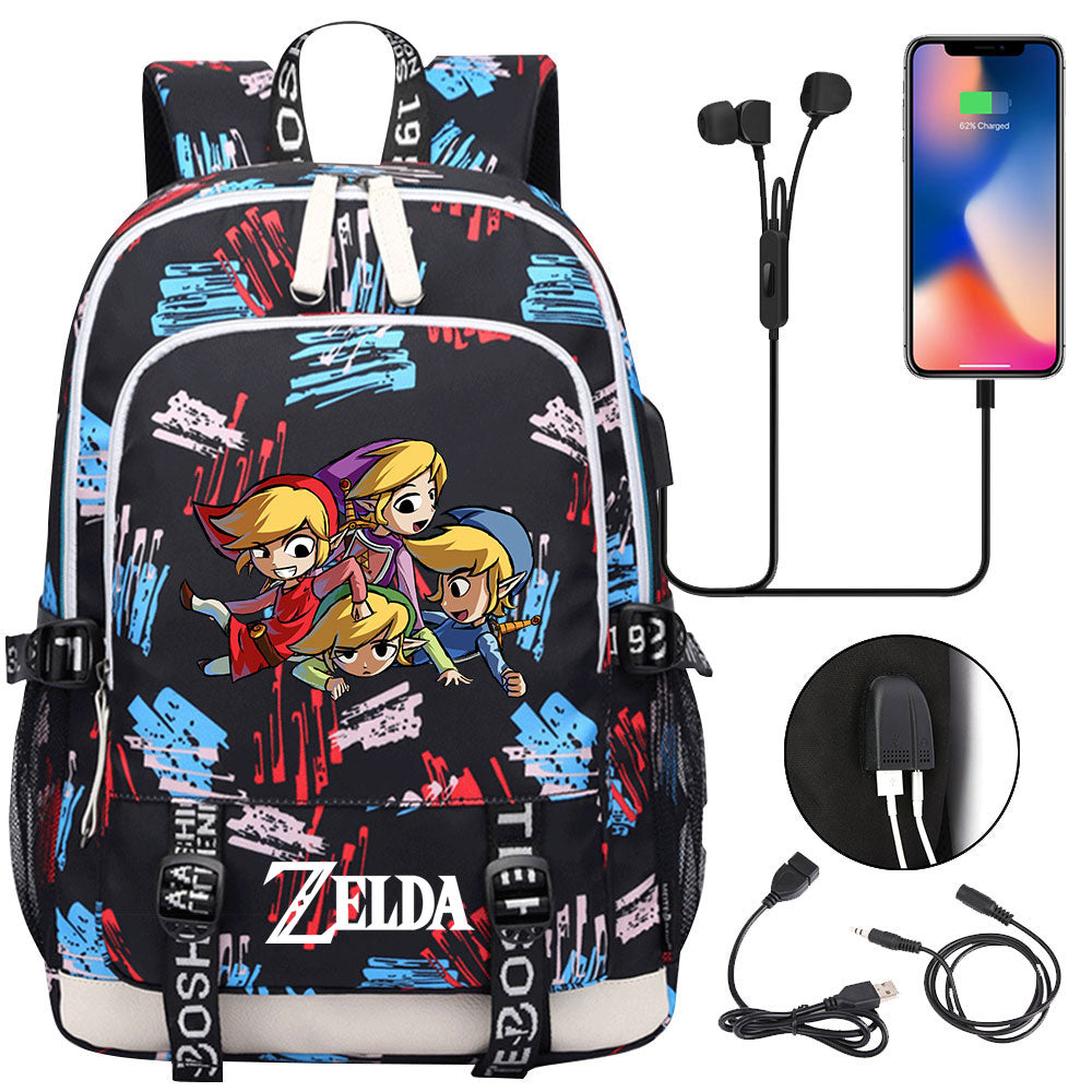 Zelda USB Charging Backpack School Note Book Laptop Travel Bags