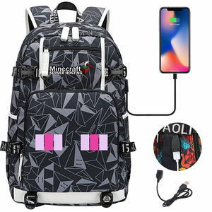 Minecraft USB Charging Backpack School NoteBook Laptop Travel Bags
