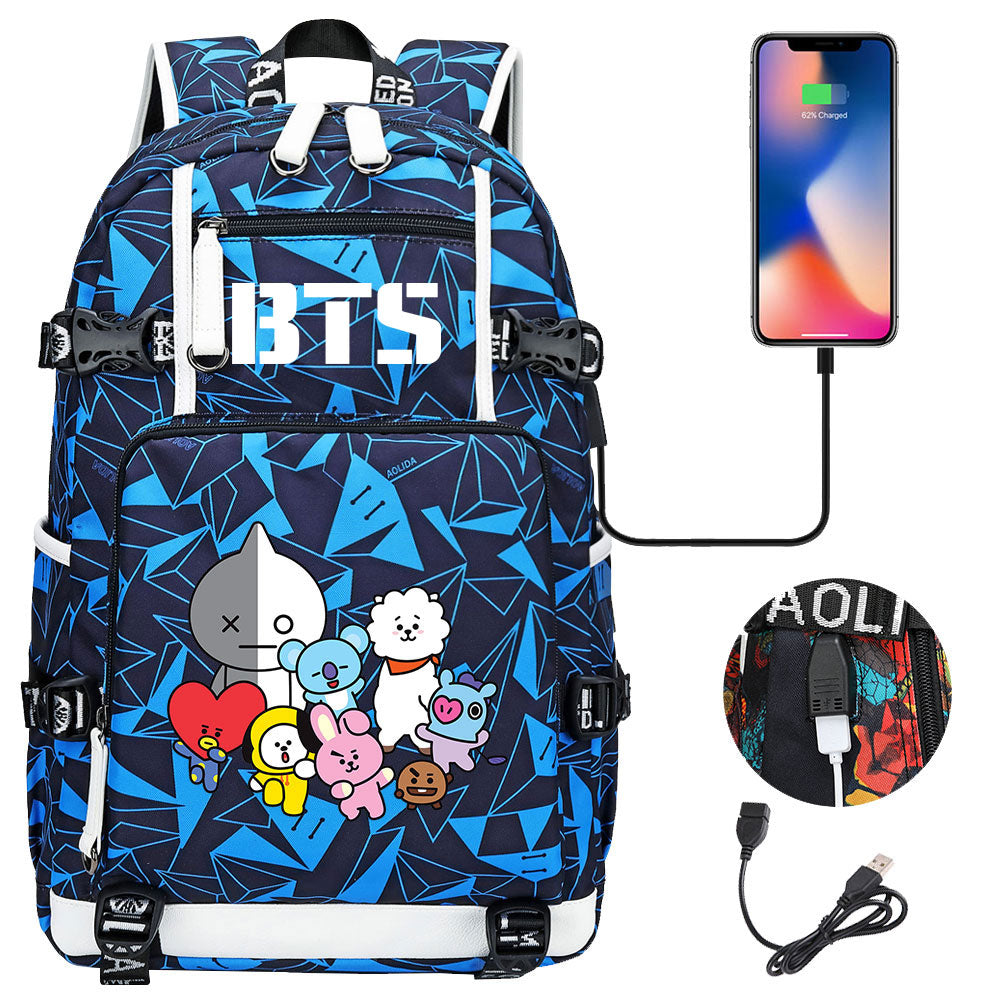 BTS Cartoon USB Charging Backpack School NoteBook Laptop Travel Bags