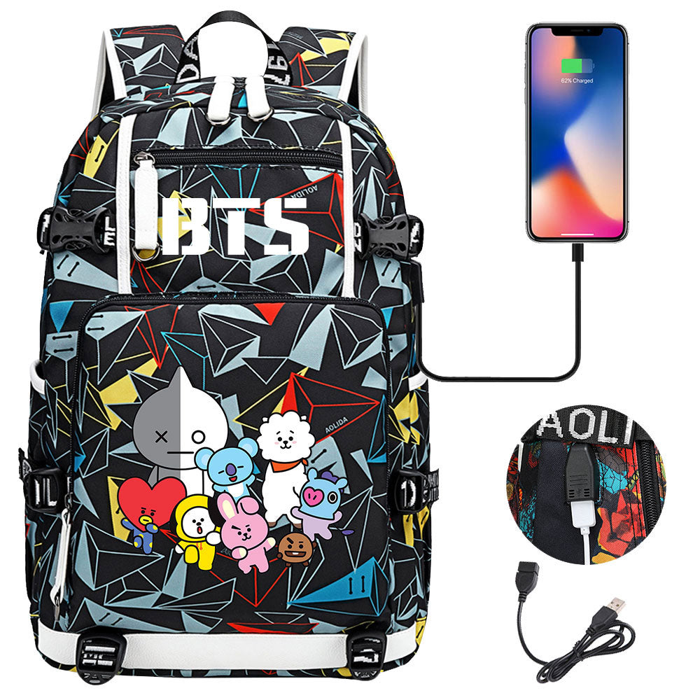 BTS Cartoon USB Charging Backpack School NoteBook Laptop Travel Bags