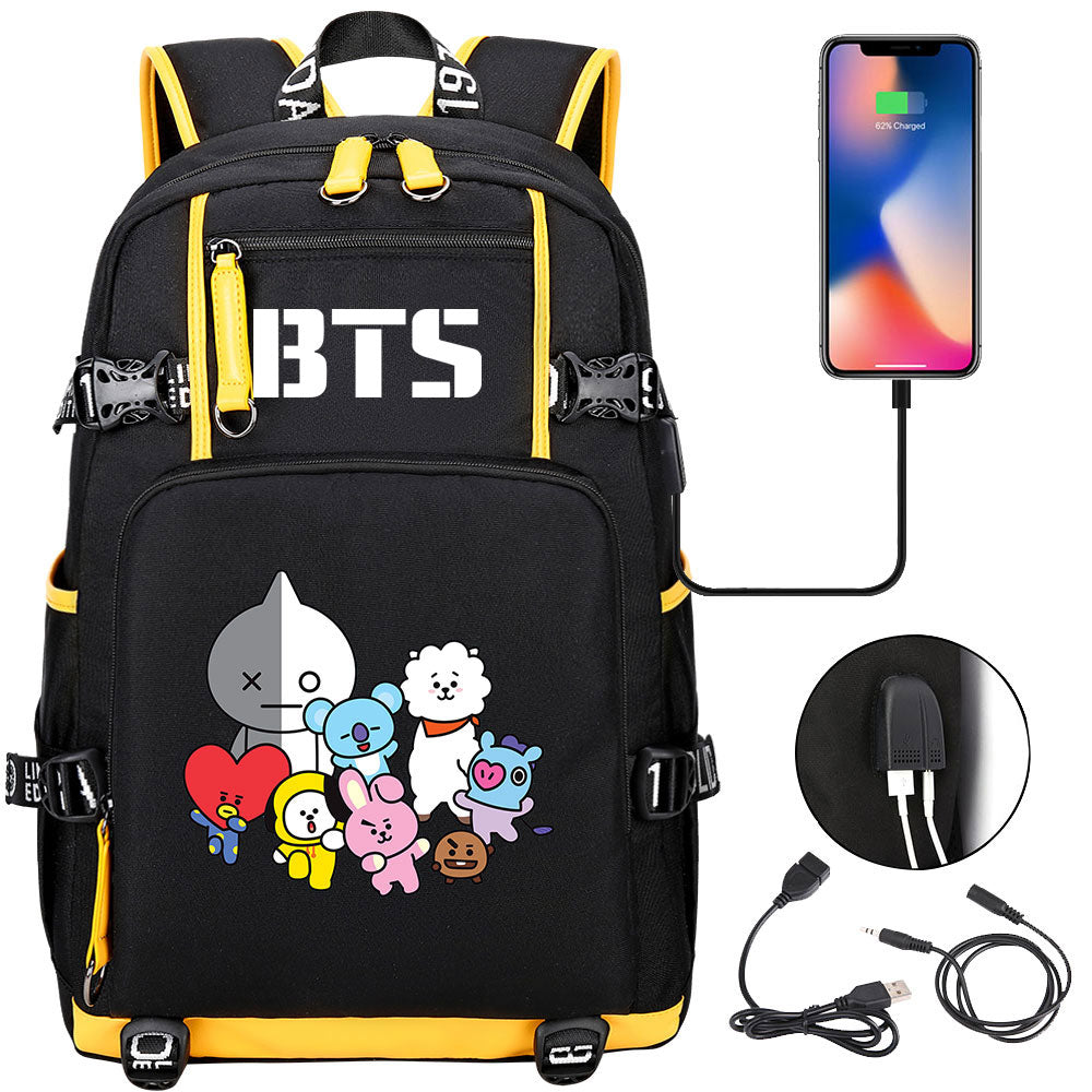 BTS Cartoon USB Charging Backpack School NoteBook Laptop Travel Bags