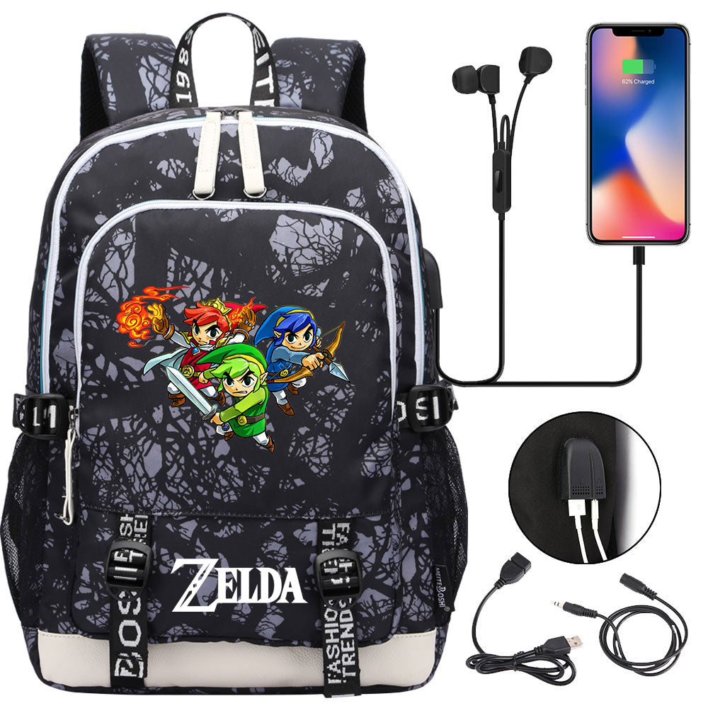 Zelda USB Charging Backpack School Note Book Laptop Travel Bags