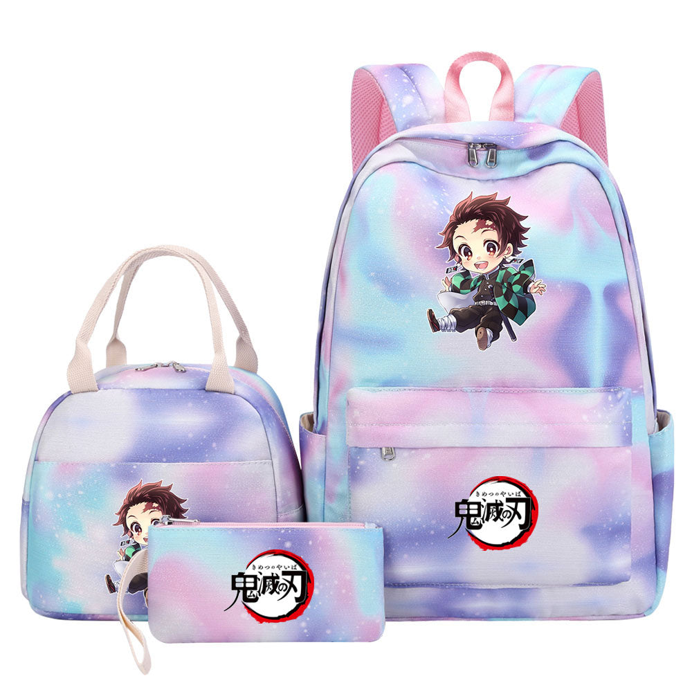Demon Slayer Kimetsu No Yaiba Kamado Tanjiro  Pink Starry Sky SchoolBag Backpack Lunch Box Bag Book Pencil Bags 3pcs Set