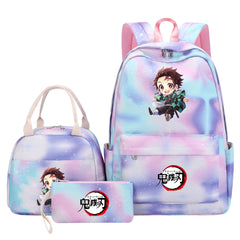 Demon Slayer Kimetsu No Yaiba Kamado Tanjiro  Pink Starry Sky SchoolBag Backpack Lunch Box Bag Book Pencil Bags 3pcs Set