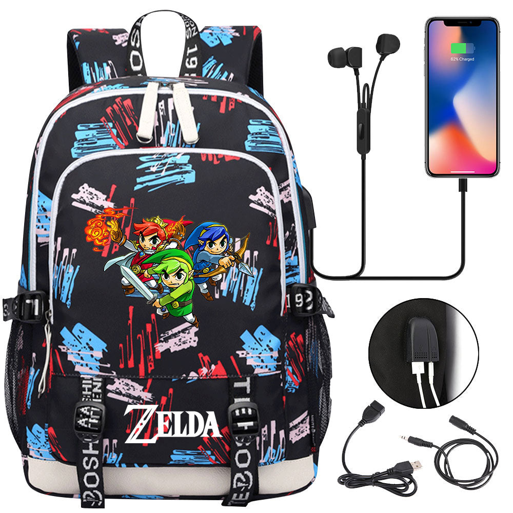 Zelda USB Charging Backpack School Note Book Laptop Travel Bags