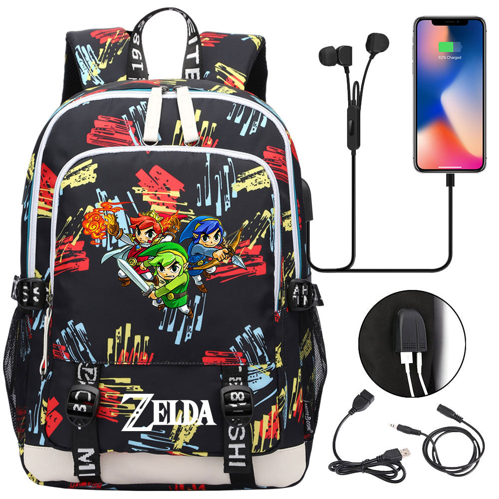 Zelda USB Charging Backpack School Note Book Laptop Travel Bags