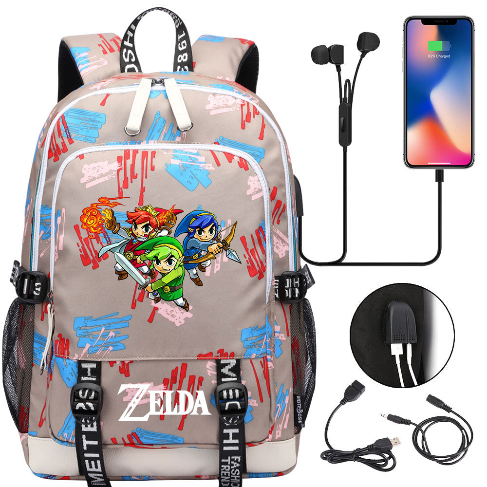 Zelda USB Charging Backpack School Note Book Laptop Travel Bags