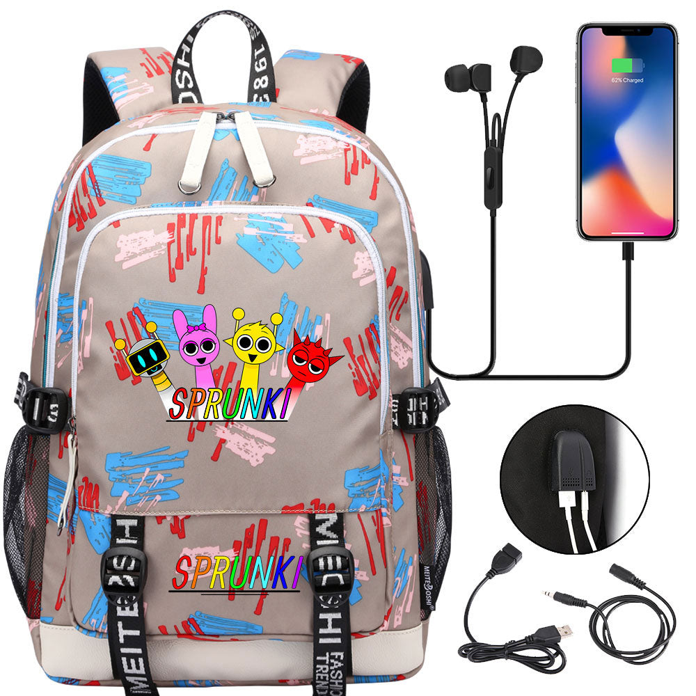 Sprunki USB Charging Backpack School Note Book Laptop Travel Bags