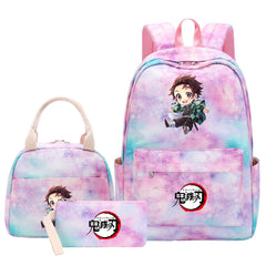 Demon Slayer Kimetsu No Yaiba Kamado Tanjiro  Pink Starry Sky SchoolBag Backpack Lunch Box Bag Book Pencil Bags 3pcs Set
