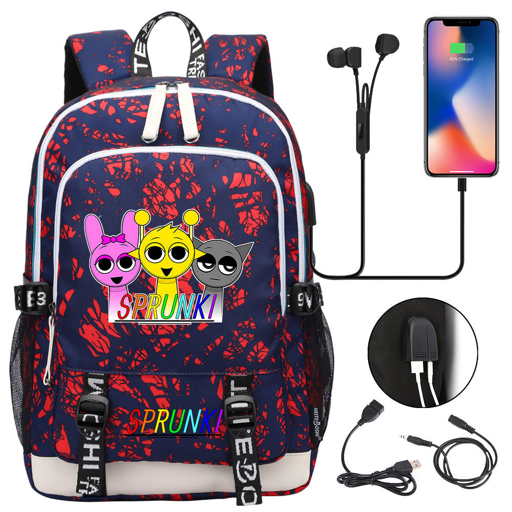 Sprunki USB Charging Backpack School Note Book Laptop Travel Bags