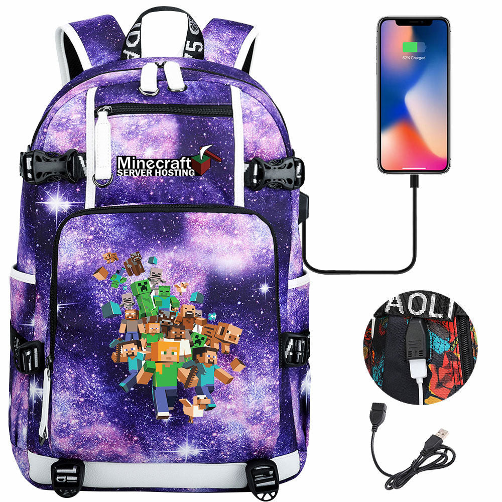 Minecraft USB Charging Backpack School NoteBook Laptop Travel Bags