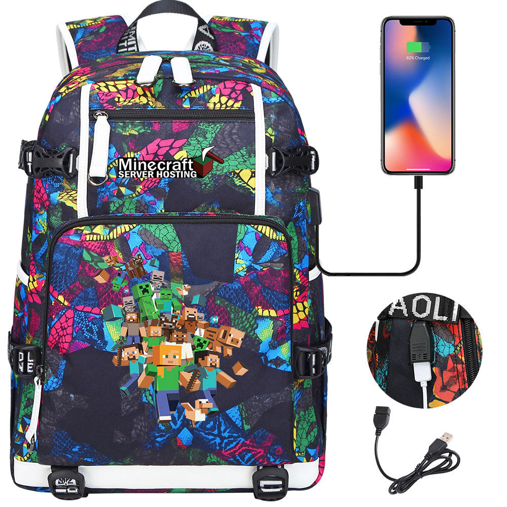 Minecraft USB Charging Backpack School NoteBook Laptop Travel Bags
