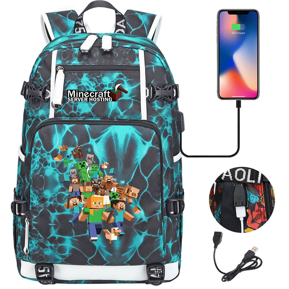 Minecraft USB Charging Backpack School NoteBook Laptop Travel Bags