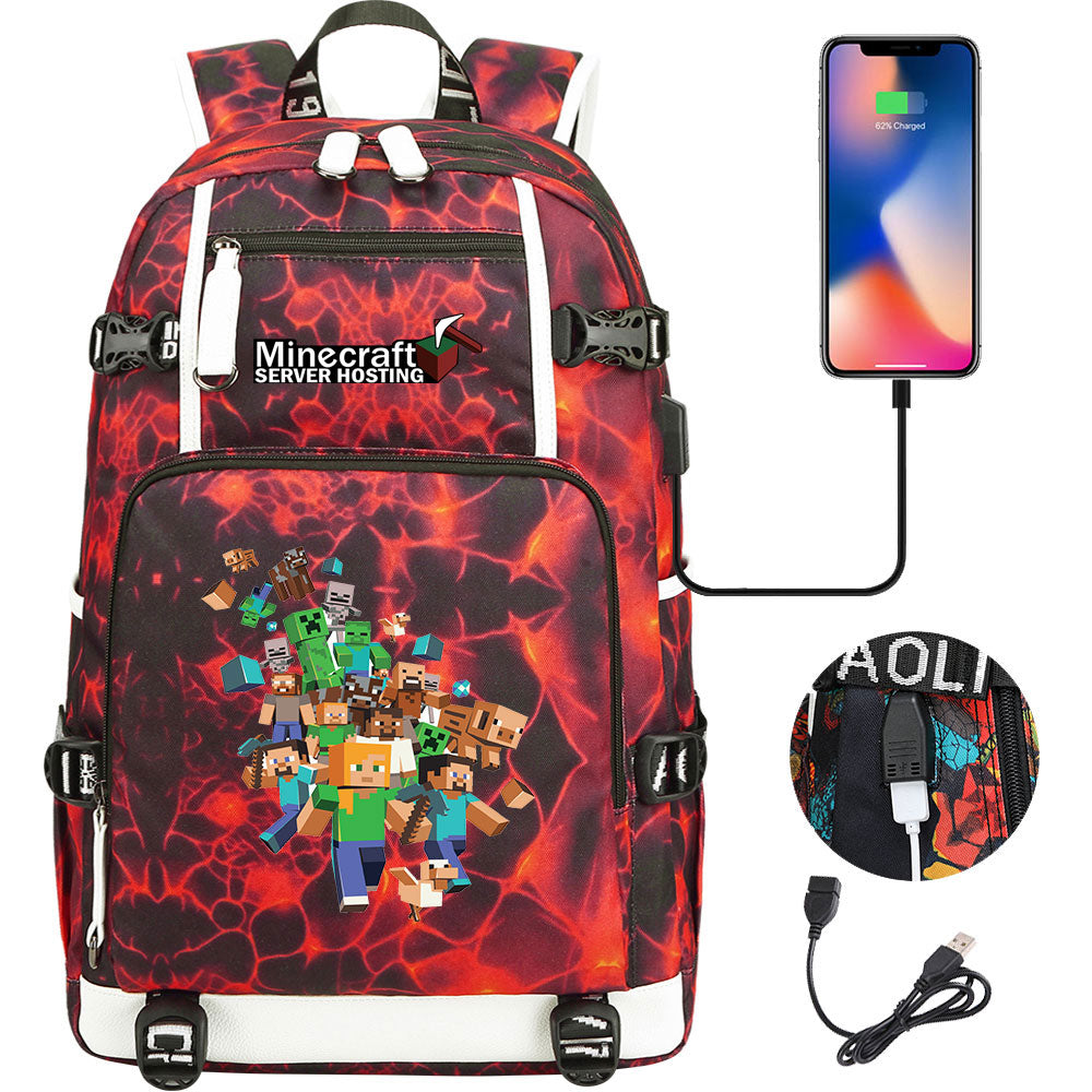 Minecraft USB Charging Backpack School NoteBook Laptop Travel Bags