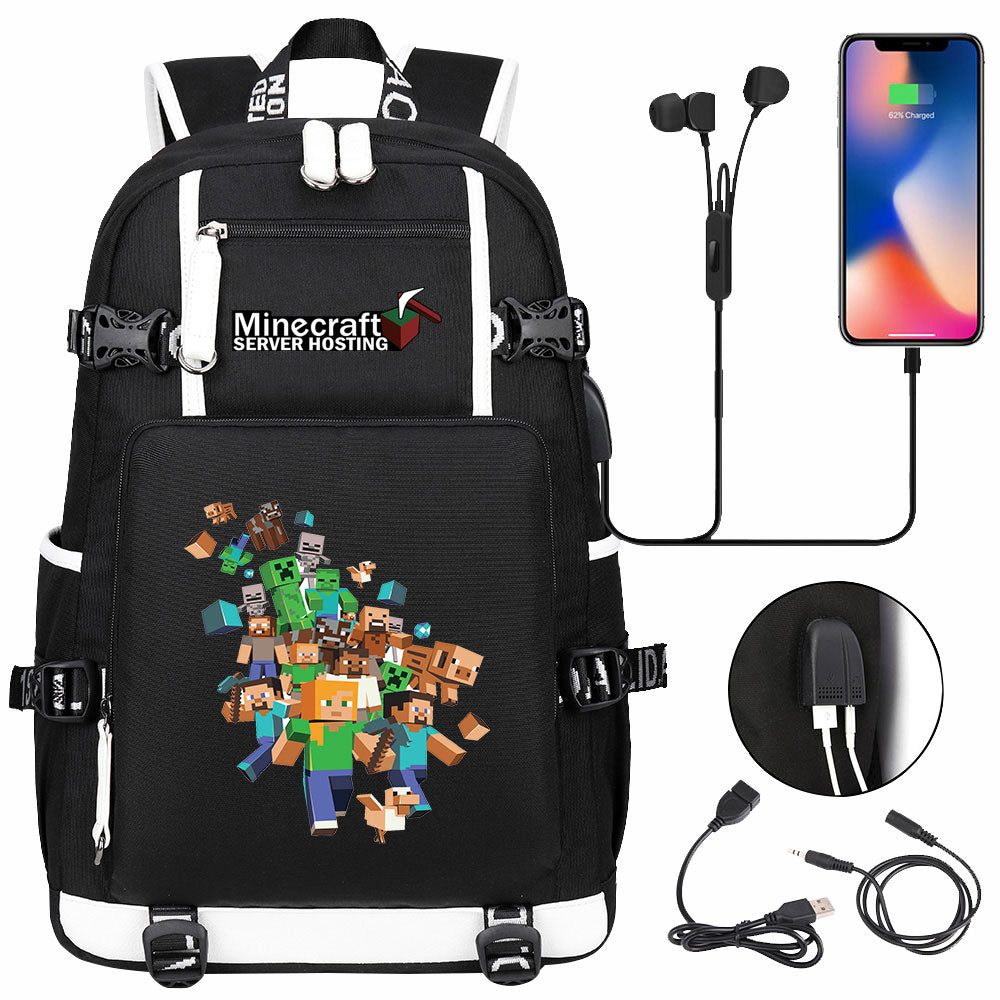 Minecraft USB Charging Backpack School NoteBook Laptop Travel Bags