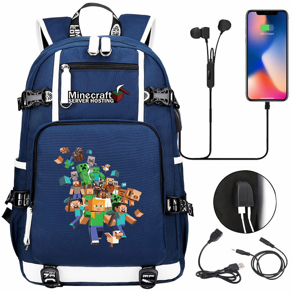 Minecraft USB Charging Backpack School NoteBook Laptop Travel Bags