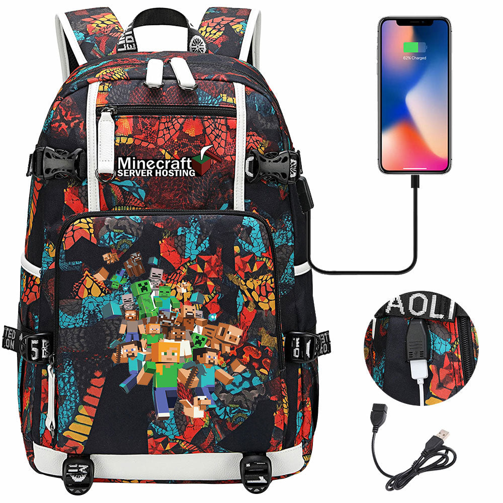 Minecraft USB Charging Backpack School NoteBook Laptop Travel Bags