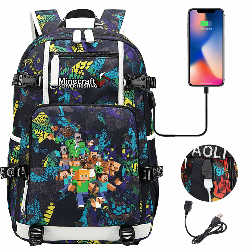 Minecraft USB Charging Backpack School NoteBook Laptop Travel Bags