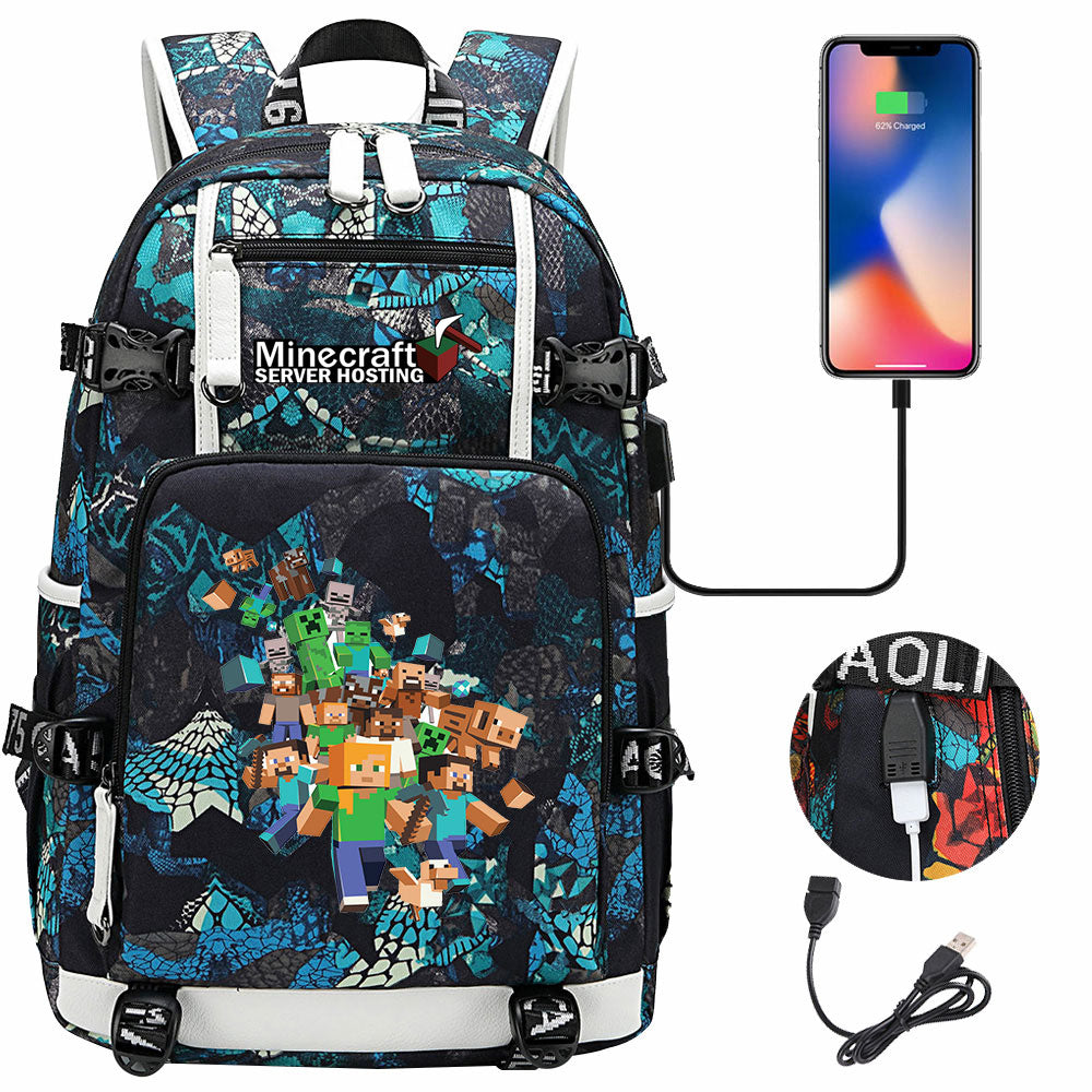 Minecraft USB Charging Backpack School NoteBook Laptop Travel Bags