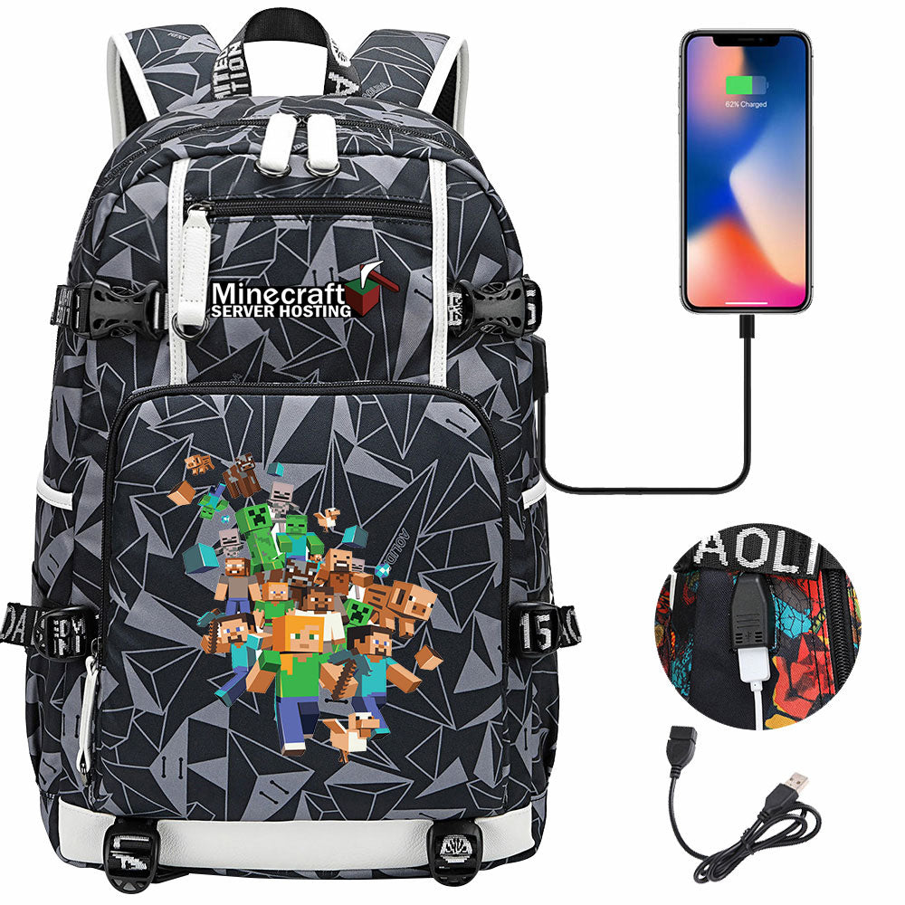 Minecraft USB Charging Backpack School NoteBook Laptop Travel Bags