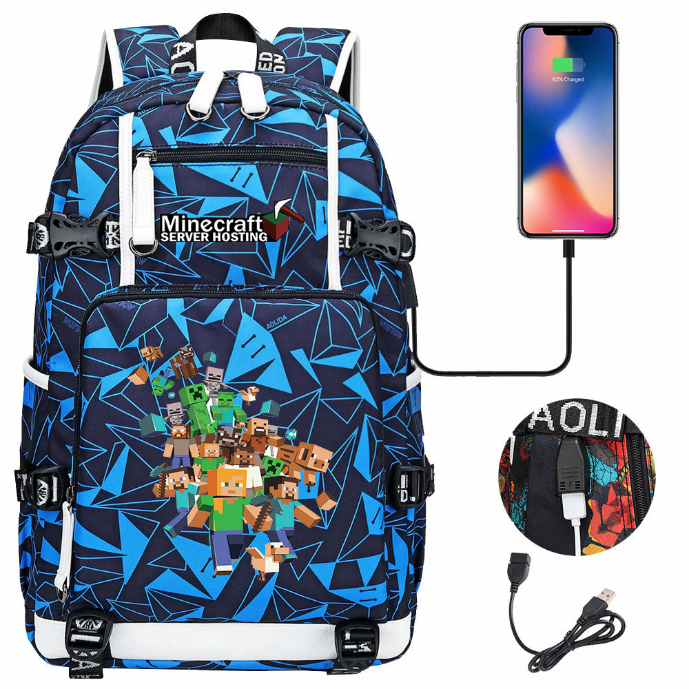 Minecraft USB Charging Backpack School NoteBook Laptop Travel Bags