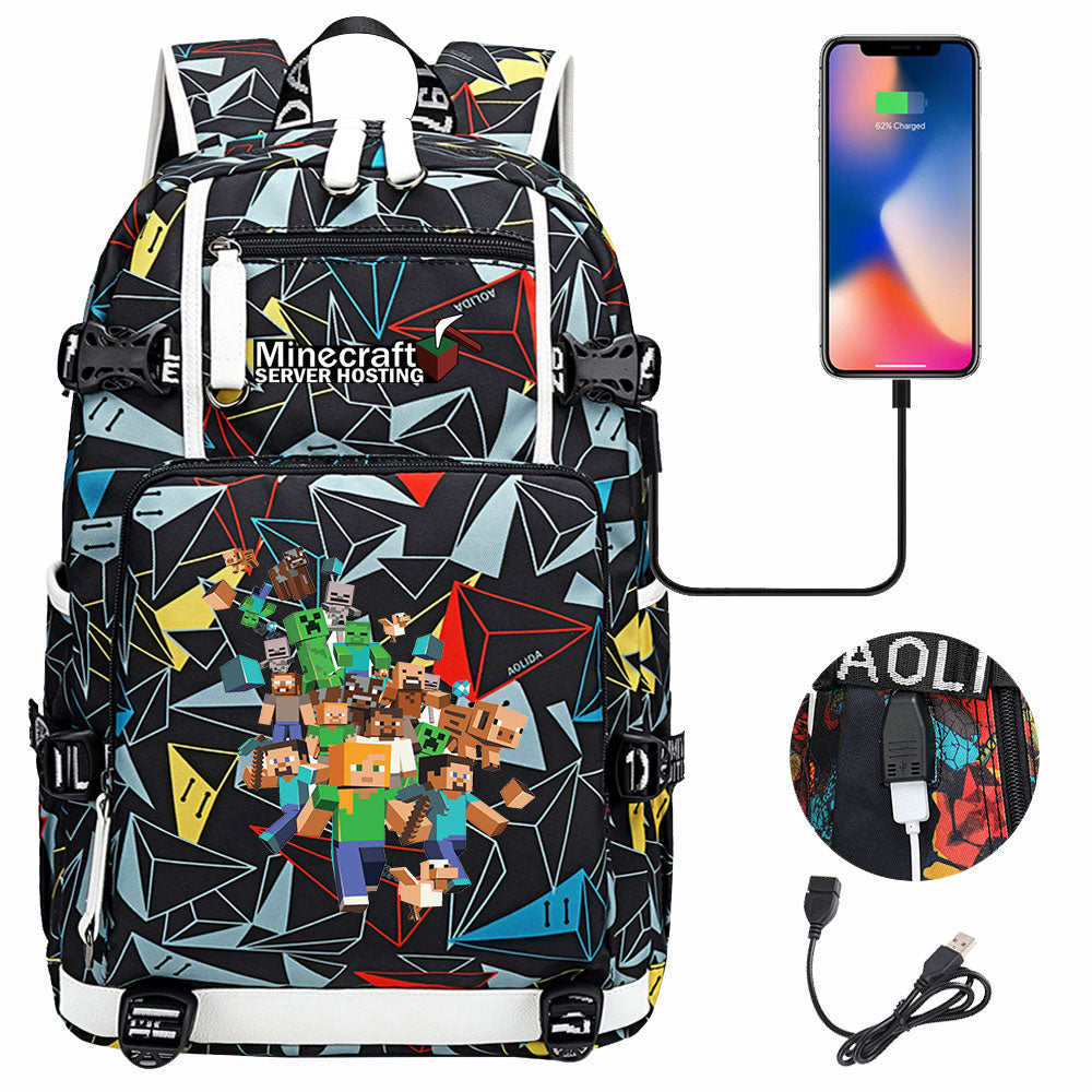 Minecraft USB Charging Backpack School NoteBook Laptop Travel Bags