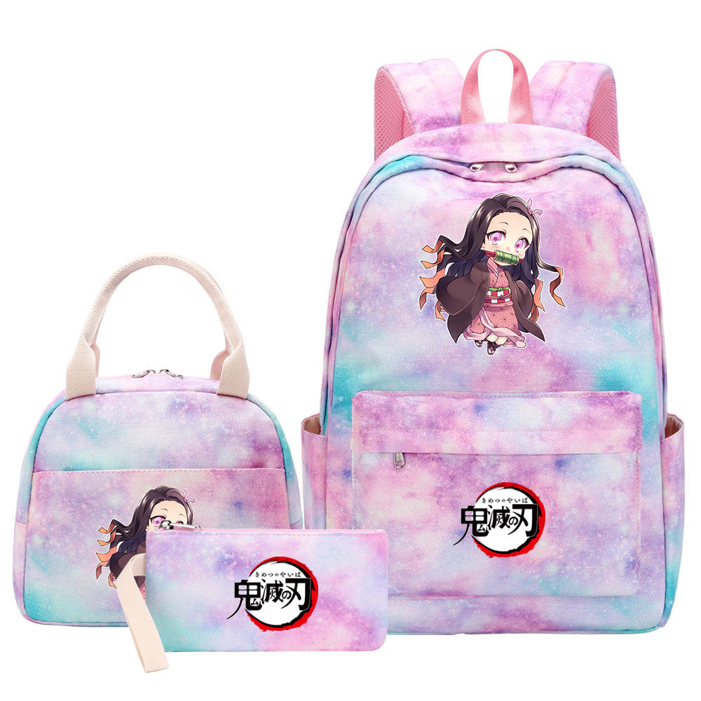 Demon Slayer Kimetsu No Yaiba Kamado Nezuko Pink Starry Sky SchoolBag Backpack Lunch Box Bag Book Pencil Bags 3pcs Set