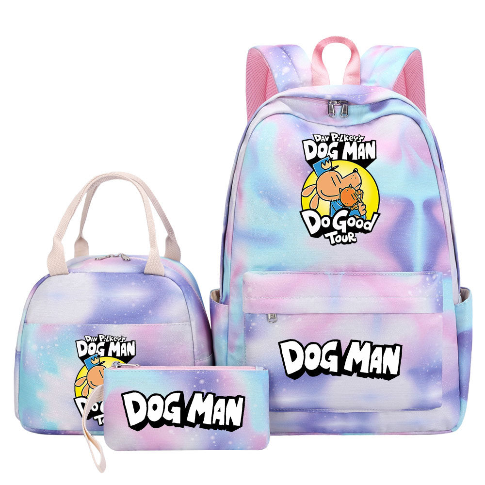 Dog Man Pink Starry Sky SchoolBag Backpack Lunch Box Bag Book Pencil Bags 3pcs Set