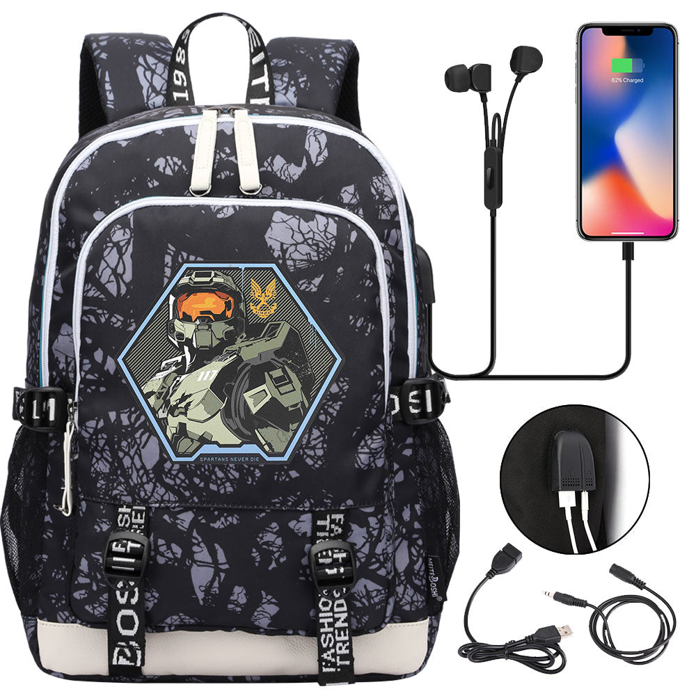Halo Infinite USB Charging Backpack School Note Book Laptop Travel Bags