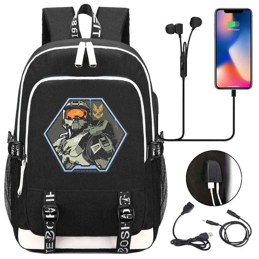 Halo Infinite USB Charging Backpack School Note Book Laptop Travel Bags