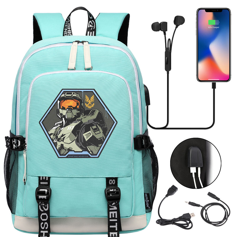 Halo Infinite USB Charging Backpack School Note Book Laptop Travel Bags