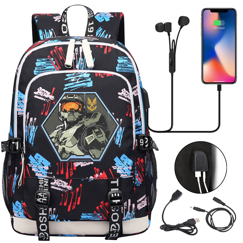 Halo Infinite USB Charging Backpack School Note Book Laptop Travel Bags