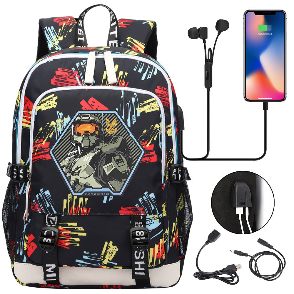 Halo Infinite USB Charging Backpack School Note Book Laptop Travel Bags