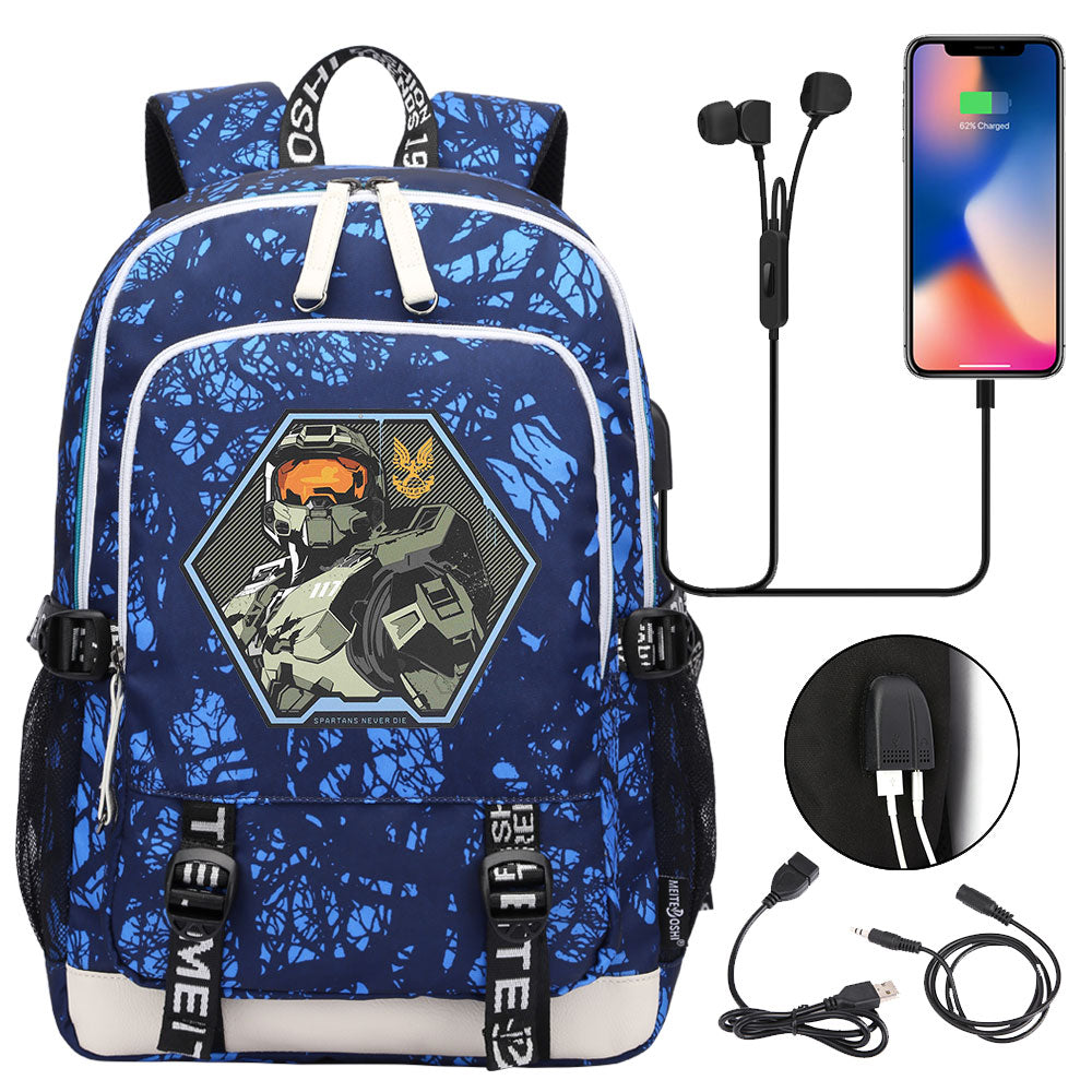 Halo Infinite USB Charging Backpack School Note Book Laptop Travel Bags
