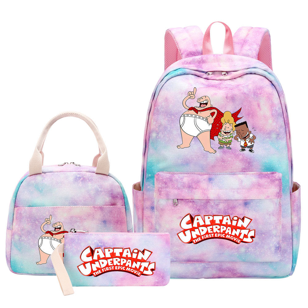 Captain Underpants Pink Starry Sky SchoolBag Backpack Lunch Box Bag Book Pencil Bags 3pcs Set