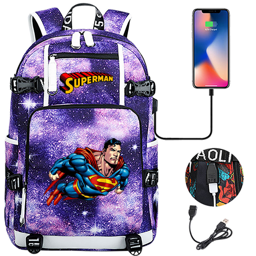 Superhero Superman USB Charging Backpack School NoteBook Laptop Travel Bags