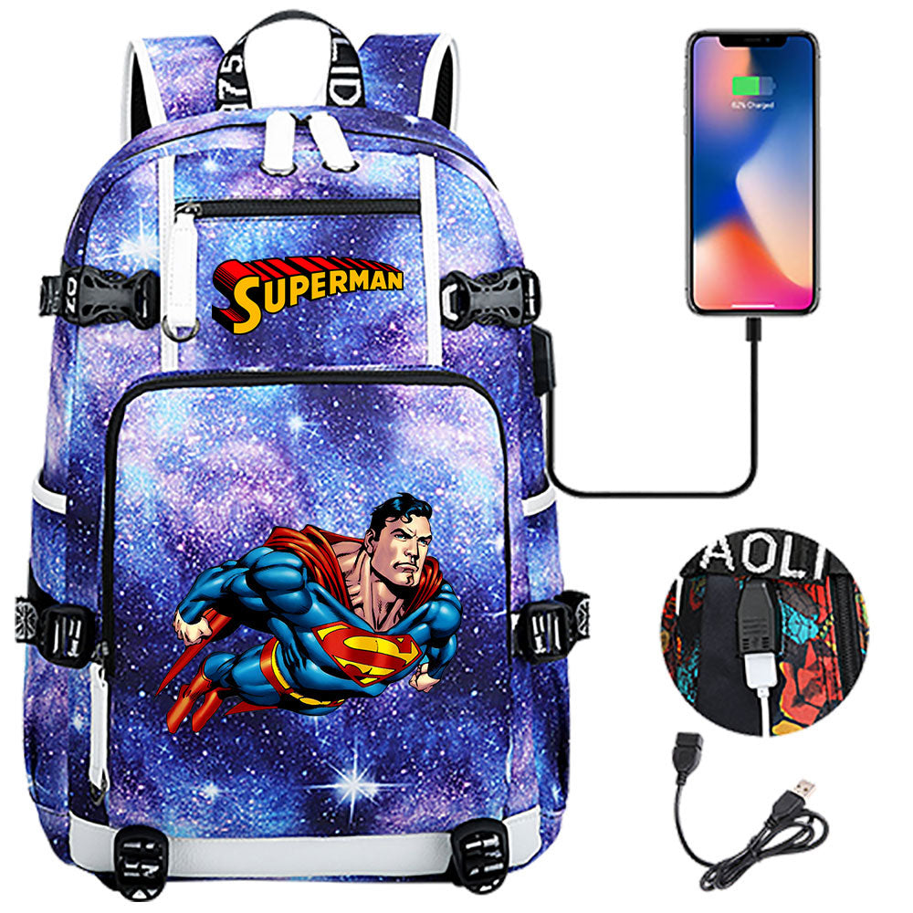 Superhero Superman USB Charging Backpack School NoteBook Laptop Travel Bags
