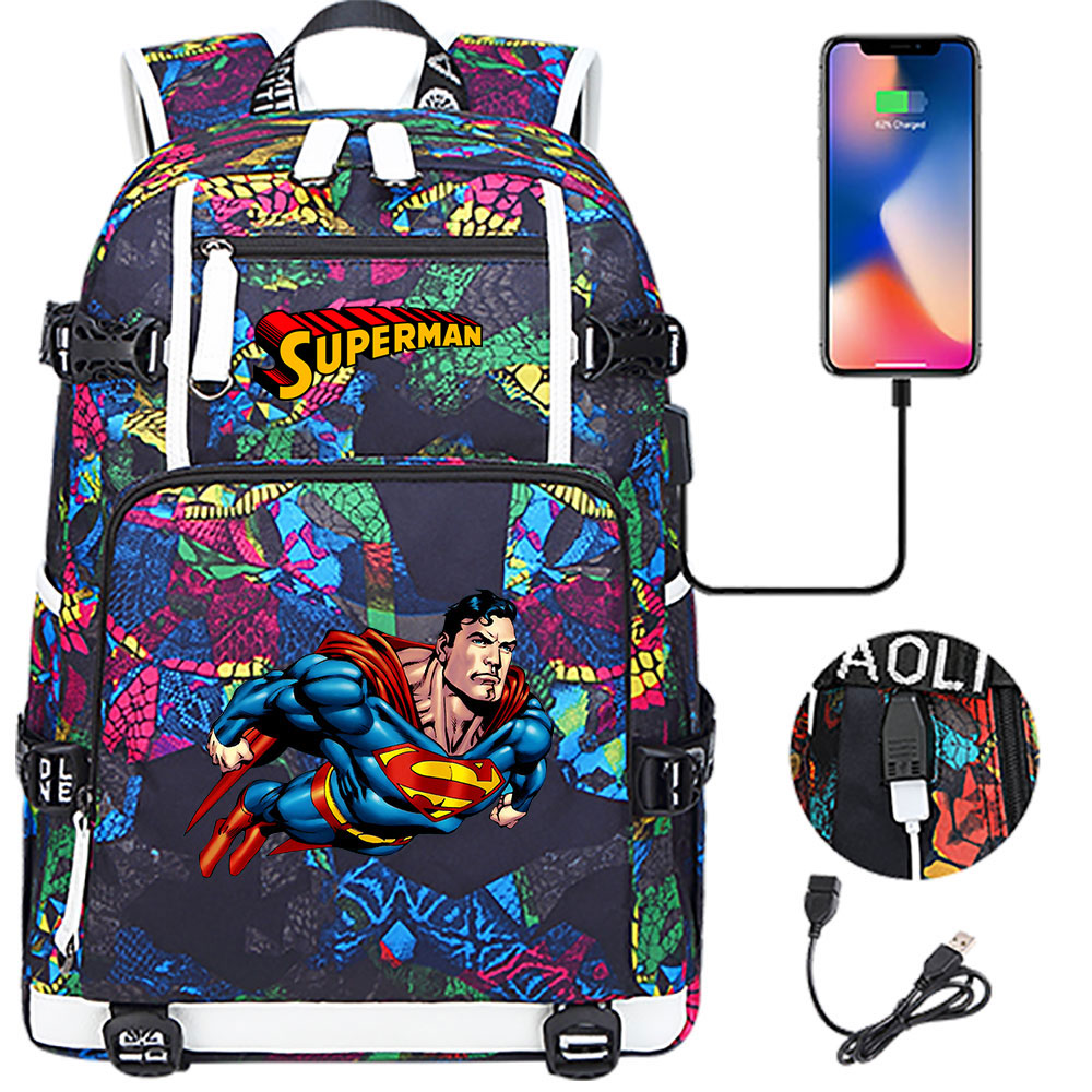 Superhero Superman USB Charging Backpack School NoteBook Laptop Travel Bags