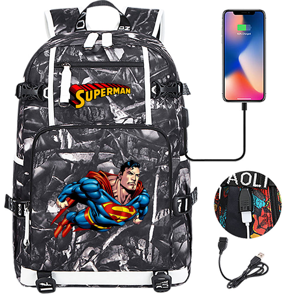 Superhero Superman USB Charging Backpack School NoteBook Laptop Travel Bags