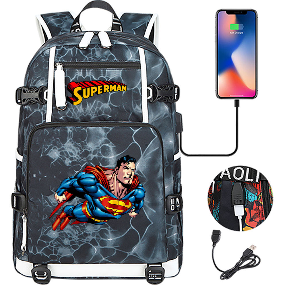 Superhero Superman USB Charging Backpack School NoteBook Laptop Travel Bags