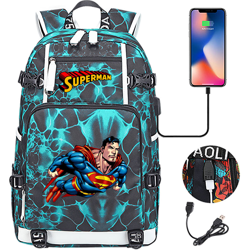 Superhero Superman USB Charging Backpack School NoteBook Laptop Travel Bags