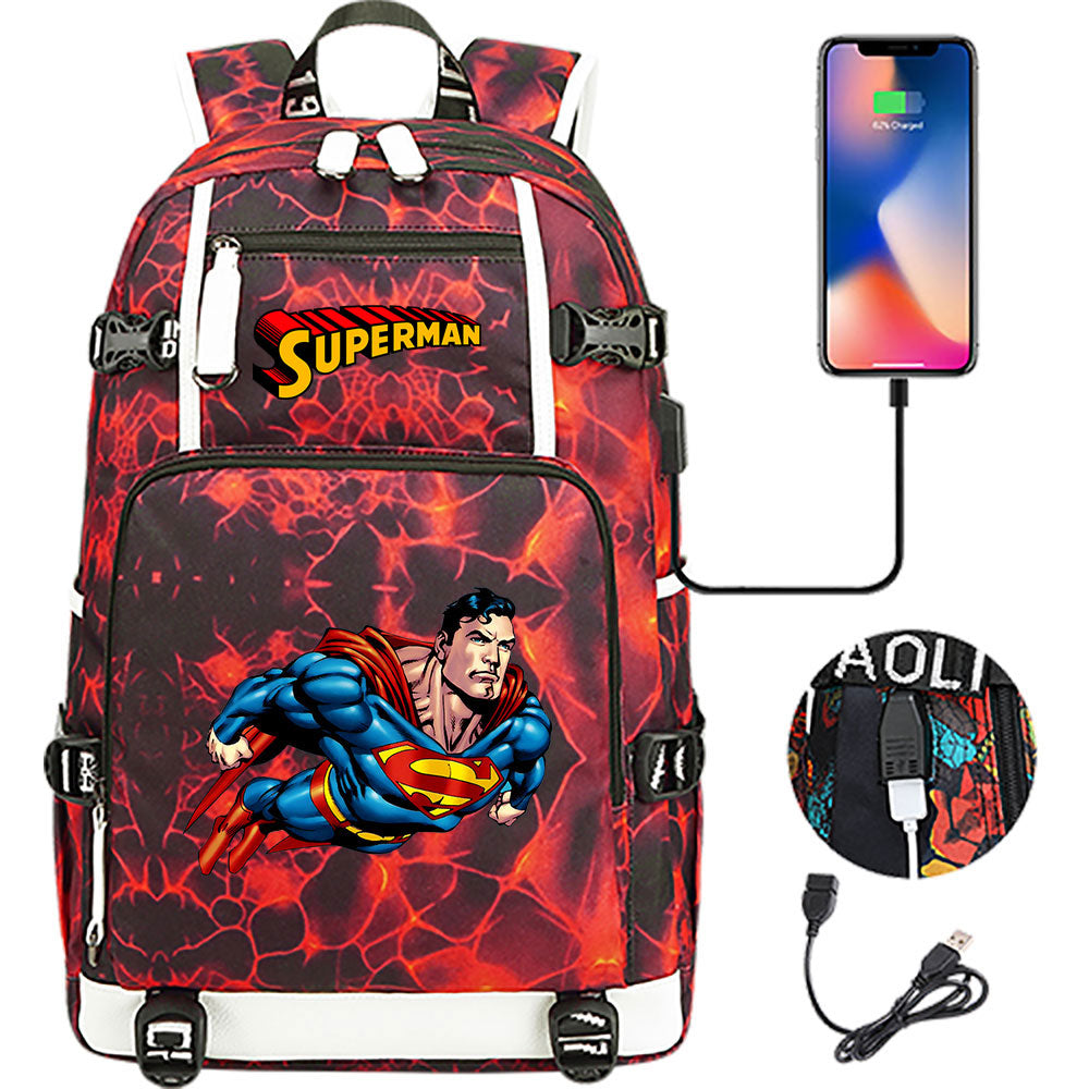 Superhero Superman USB Charging Backpack School NoteBook Laptop Travel Bags