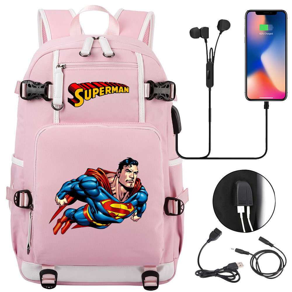 Superhero Superman USB Charging Backpack School NoteBook Laptop Travel Bags