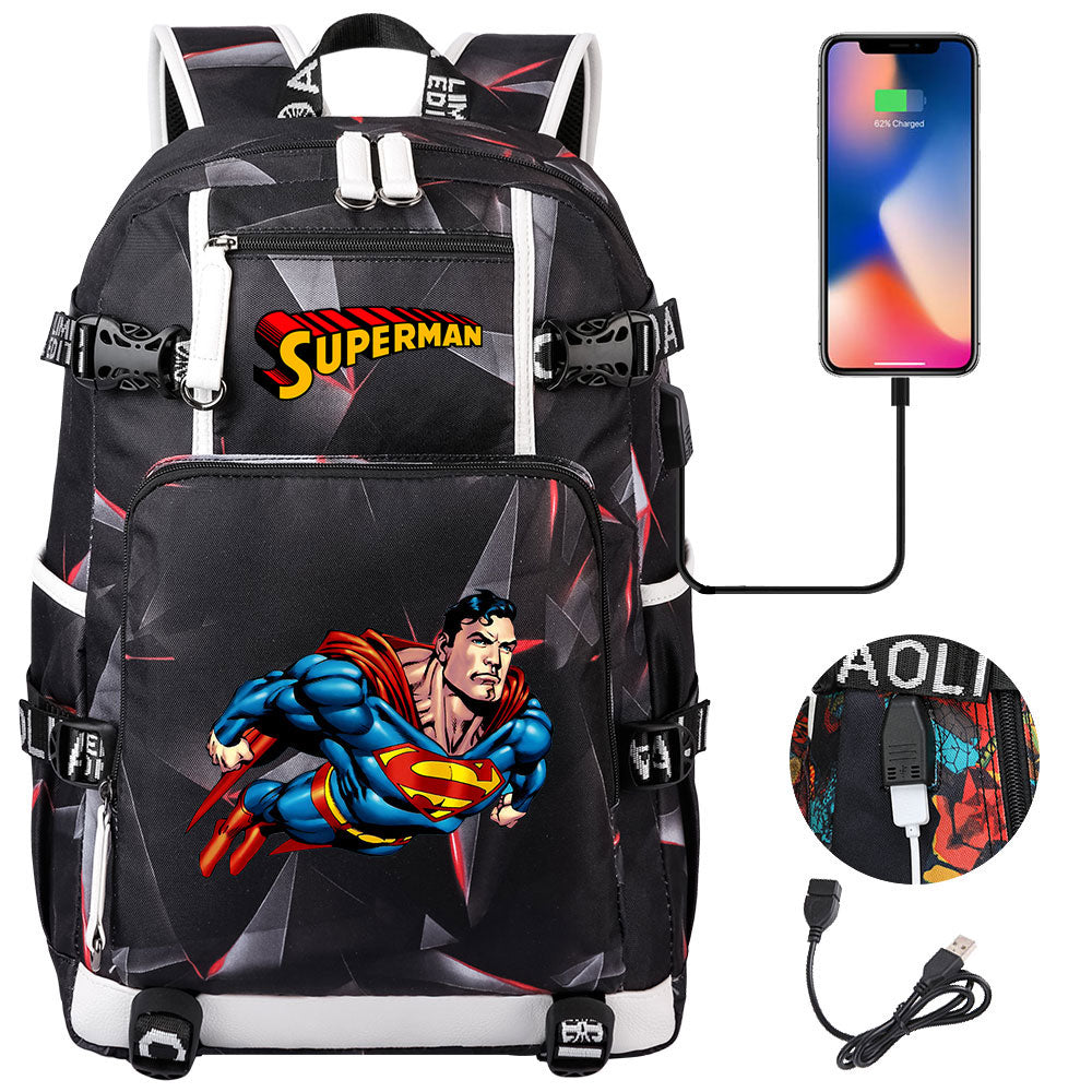 Superhero Superman USB Charging Backpack School NoteBook Laptop Travel Bags