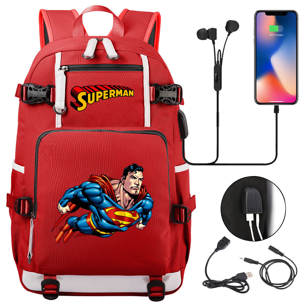 Superhero Superman USB Charging Backpack School NoteBook Laptop Travel Bags