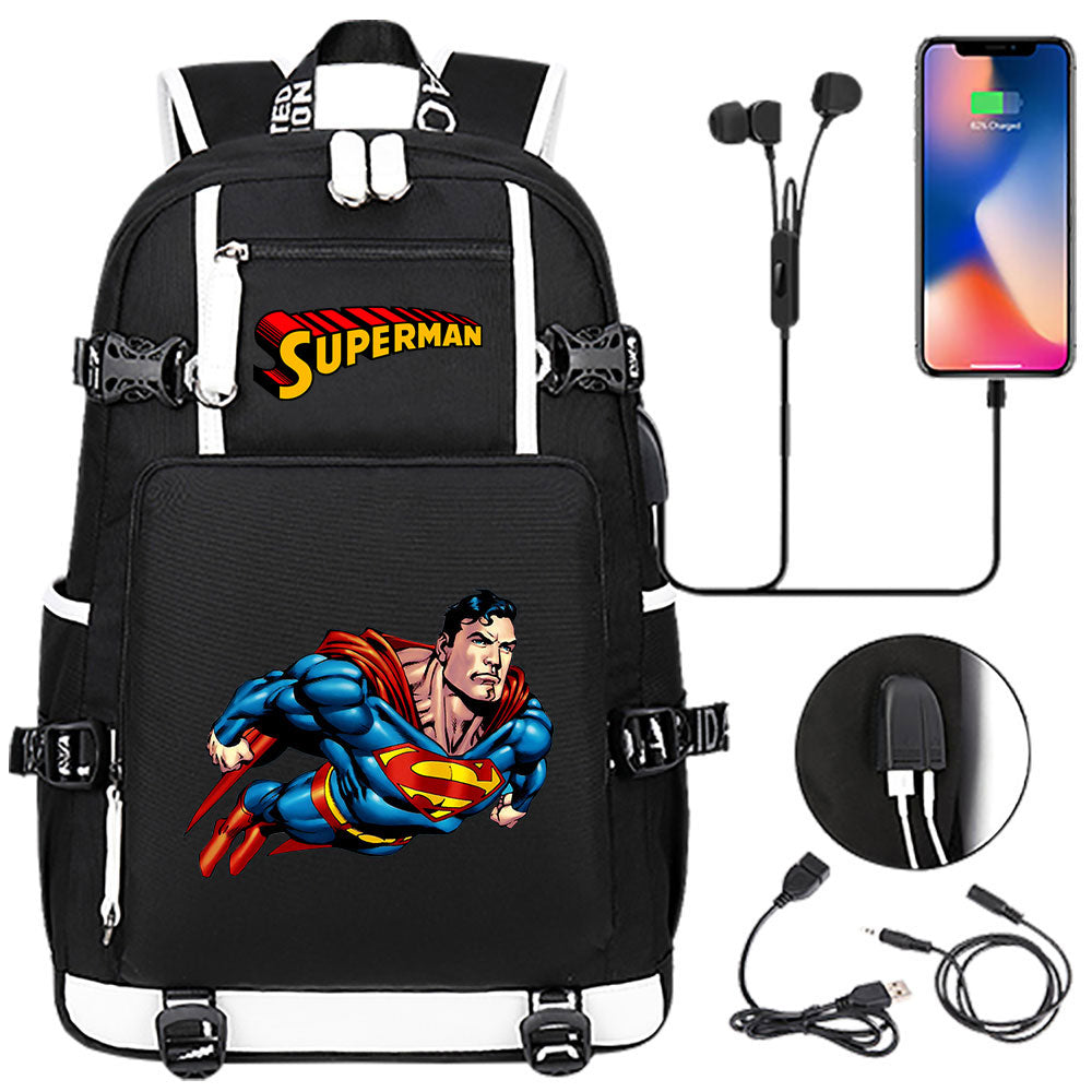 Superhero Superman USB Charging Backpack School NoteBook Laptop Travel Bags