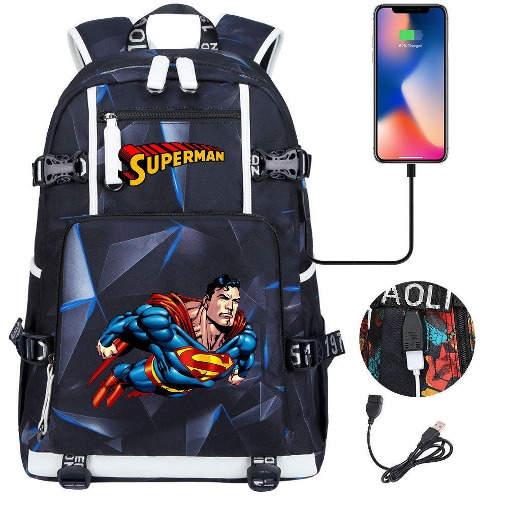 Superhero Superman USB Charging Backpack School NoteBook Laptop Travel Bags