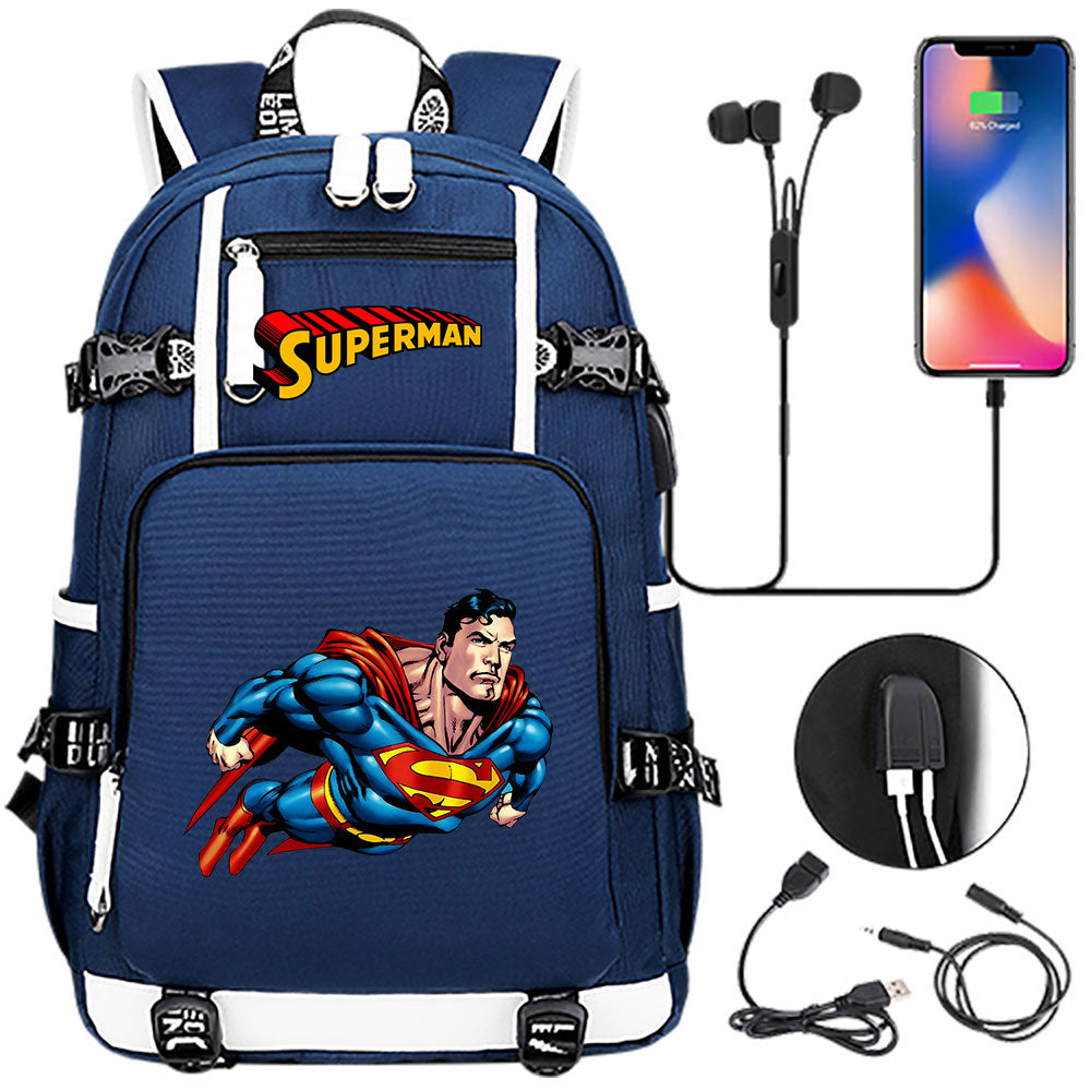 Superhero Superman USB Charging Backpack School NoteBook Laptop Travel Bags