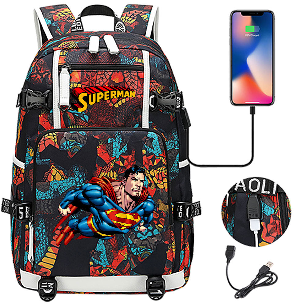 Superhero Superman USB Charging Backpack School NoteBook Laptop Travel Bags