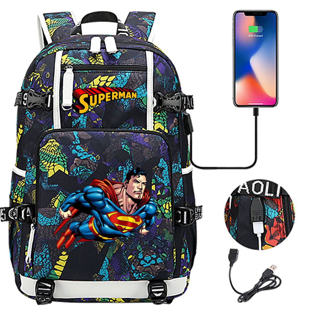Superhero Superman USB Charging Backpack School NoteBook Laptop Travel Bags